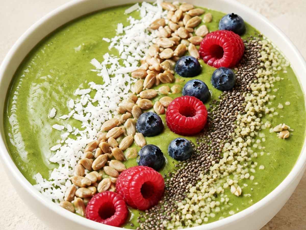 Close up of a green smoothie bowl topped with berries, granola, and hemp seeds
