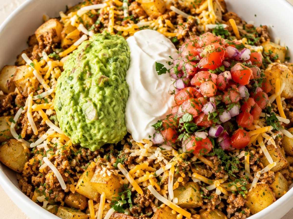 Close-up of crispy roasted potatoes, ground beef, melted cheese, and guacamole in a loaded potato taco bowl