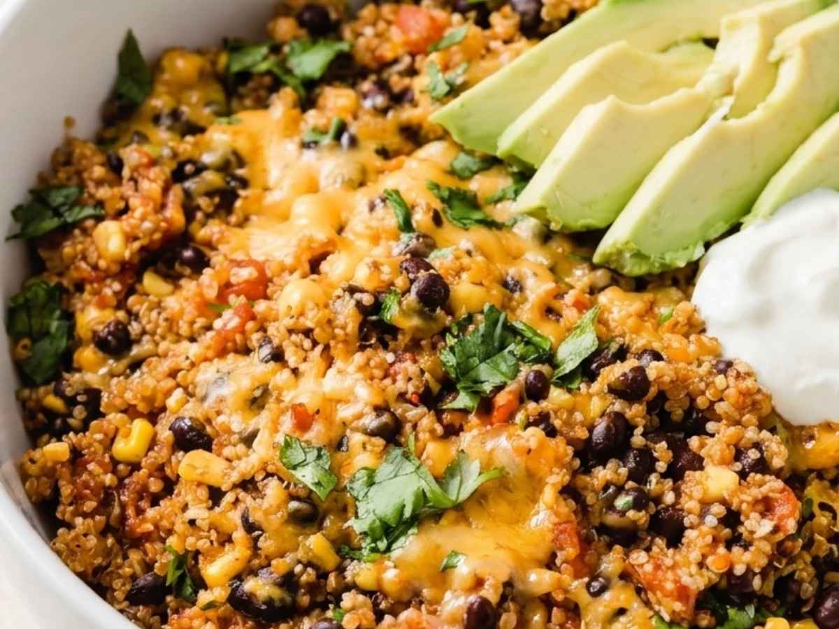 Close up of a spoonful of Mexican quinoa bowl with black beans, corn, and melted cheese