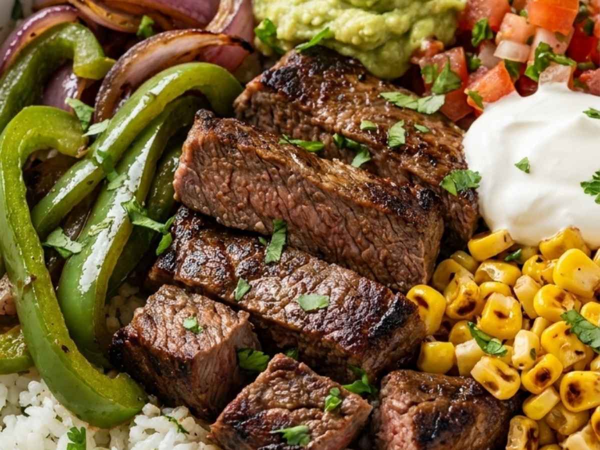Close up of juicy sliced steak and garlic lime rice in a steak fajita rice bowl topped with pico de gallo and guacamole