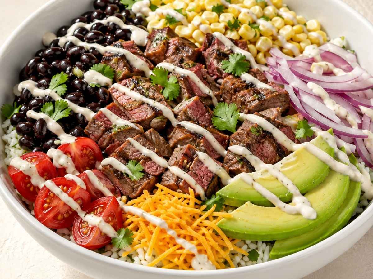 Close up of steak taco bowl showing sliced cilantro lime steak drizzled with lime crema