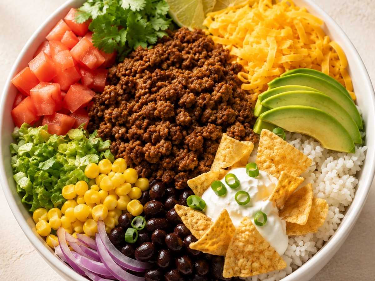 Close up of a turkey taco bowl with seasoned ground turkey, rice, black beans, and fresh toppings