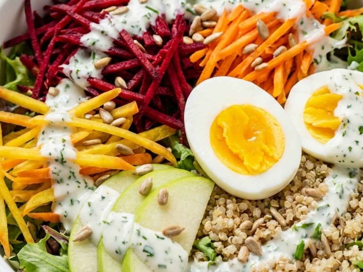 Close-up of yogurt-herb dressing being drizzled over a rainbow veggie quinoa bowl