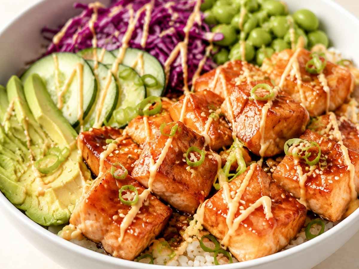 Close-up of crispy teriyaki-glazed salmon bites over rice with sesame seed garnish