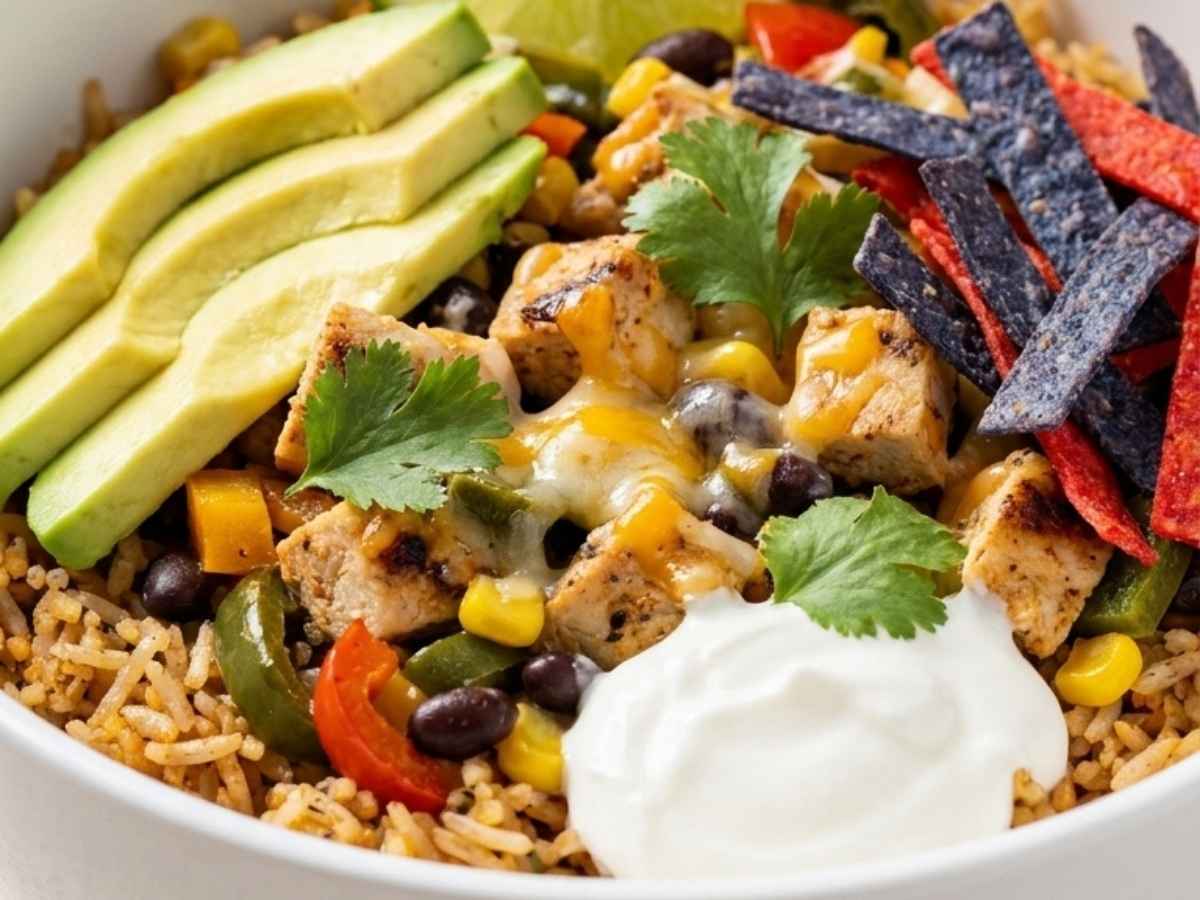 Close-up of a Southwest chicken bowl showing melted cheese, black beans, corn, and lime wedge