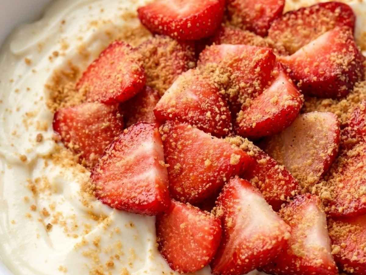 Close-up of a High Protein Cheesecake Bowl showing the creamy yogurt base, strawberries, and graham cracker crumbs