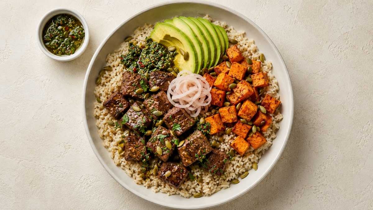 Garlic Butter Steak Bowl With Sweet Potatoes and Chimichurri