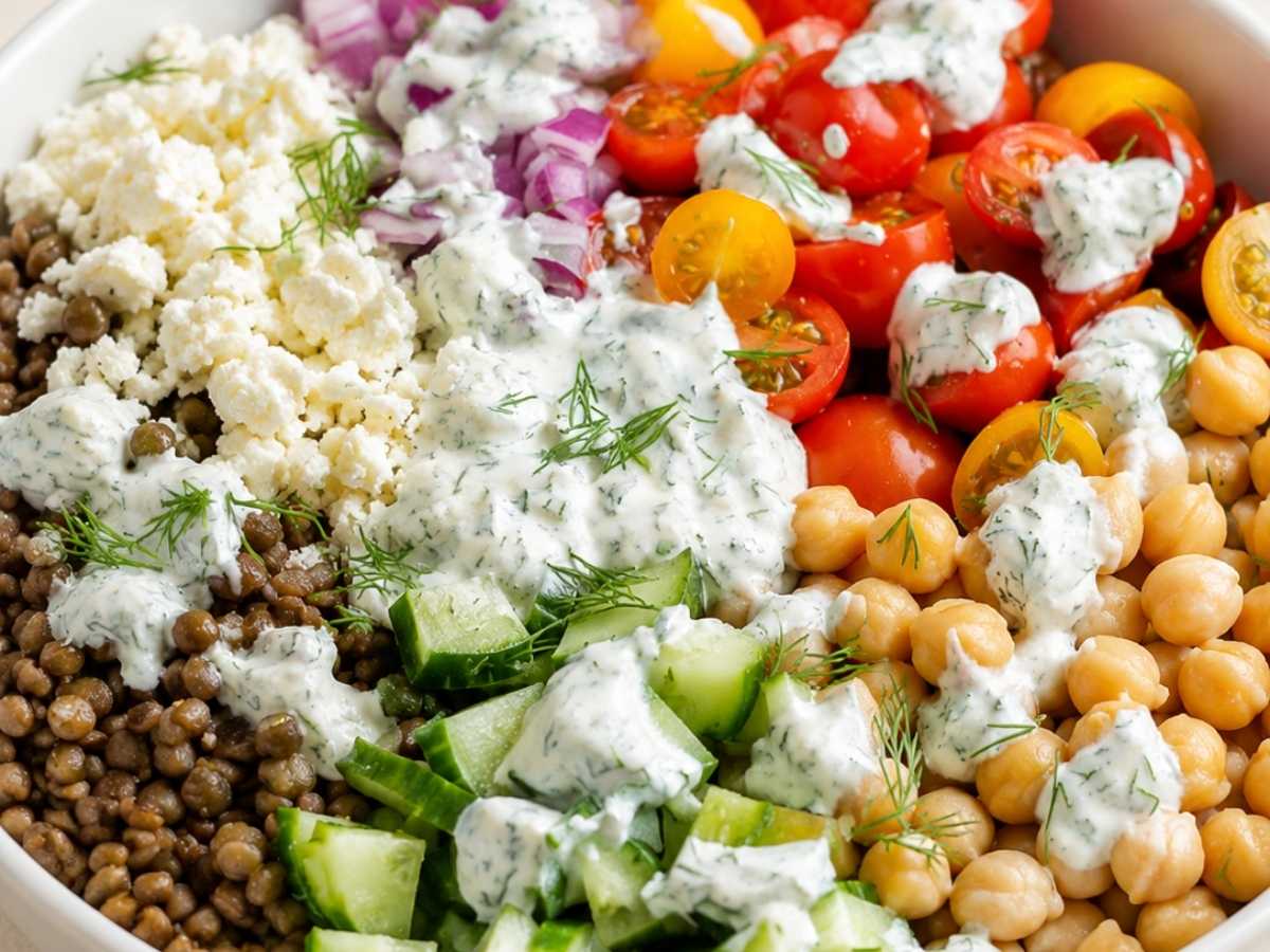 Close up of Greek Lentil Power Bowl with creamy yogurt dressing drizzled on top