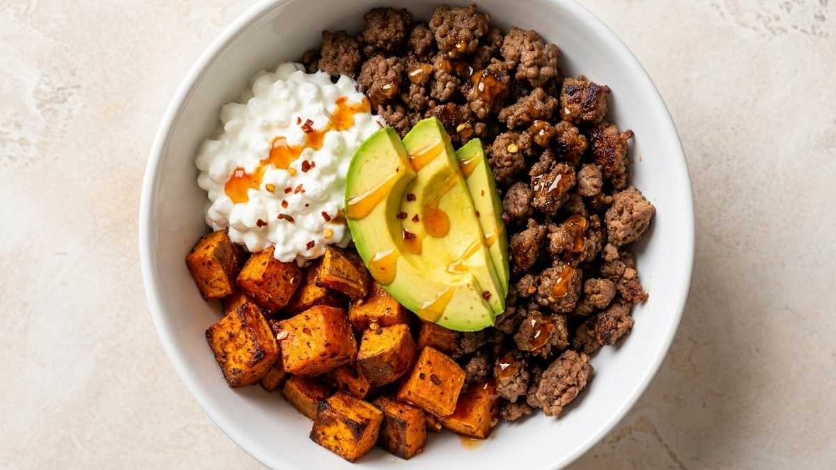 High Protein Beef Bowl with Hot Honey and Sweet Potatoes