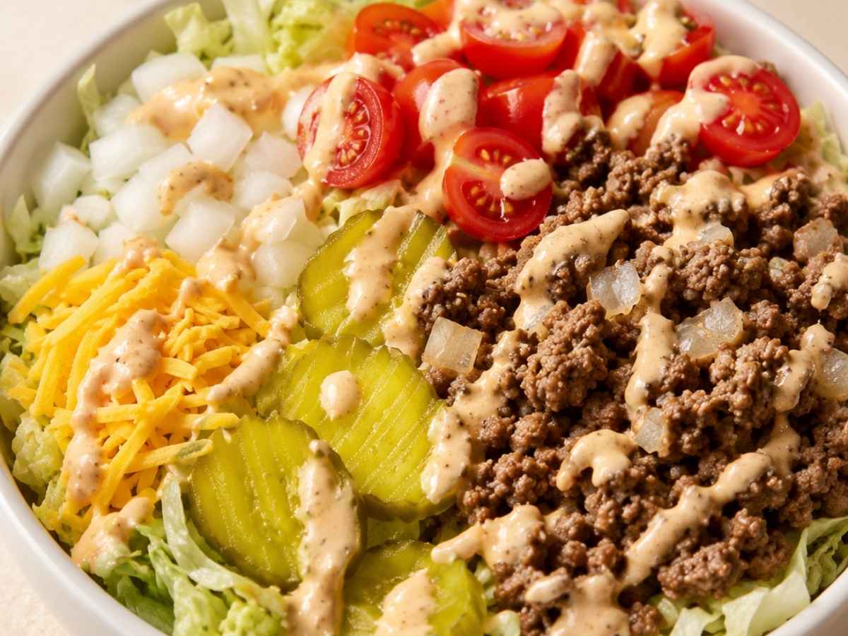 Close up of a Big Mac bowl showing juicy seasoned ground beef and creamy Big Mac sauce drizzled over crisp lettuce and melted cheddar