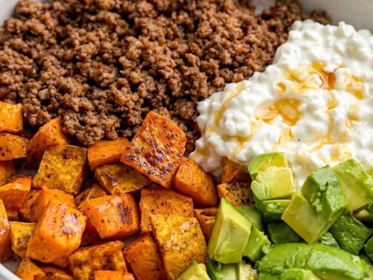 Close up of a hot honey protein bowl showing the drizzle of hot honey over beef, sweet potato and avocado