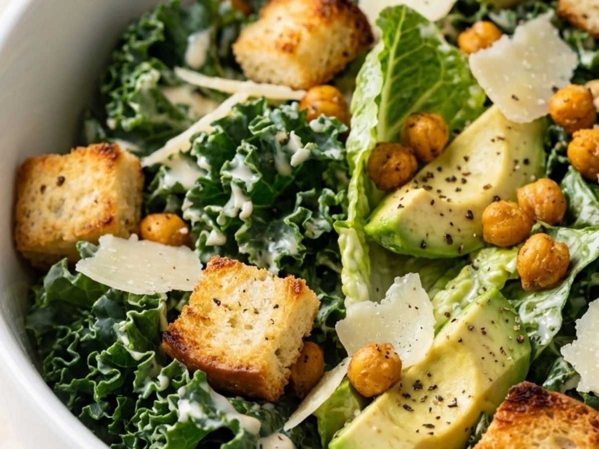 Close up of massaged kale, croutons, and Parmesan in a Caesar salad bowl