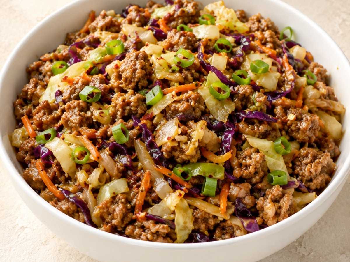 Close up of low carb egg roll in a bowl showing sausage and cabbage