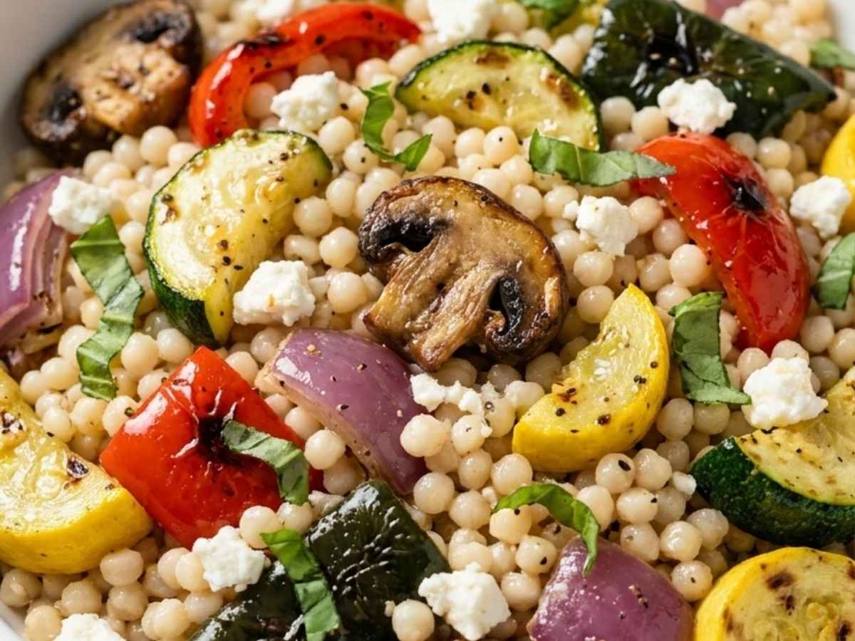 Close up of Mediterranean couscous bowl with charred grilled vegetables and lemon basil feta dressing drizzled on top