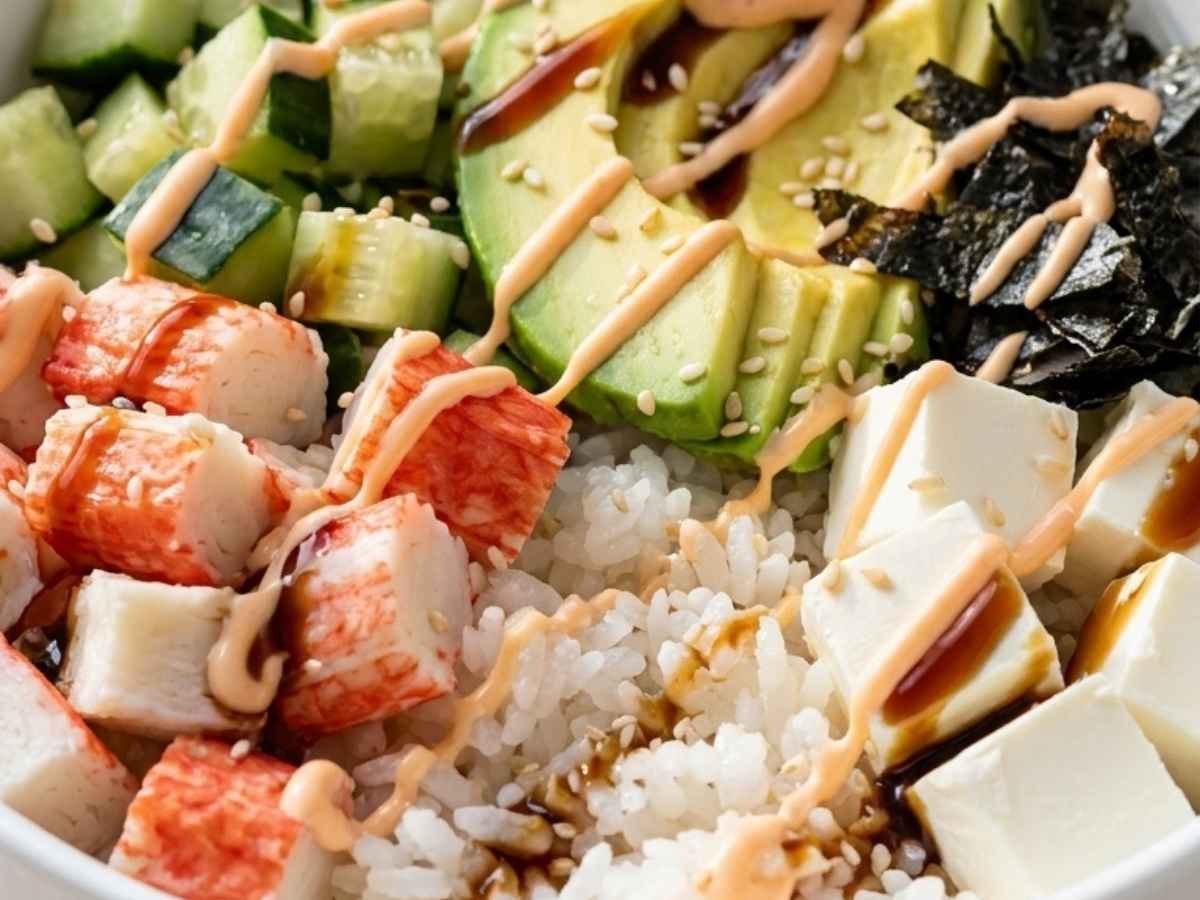Closeup of Philadelphia roll sushi bowl showing crab, avocado, and cream cheese drizzled with sauce