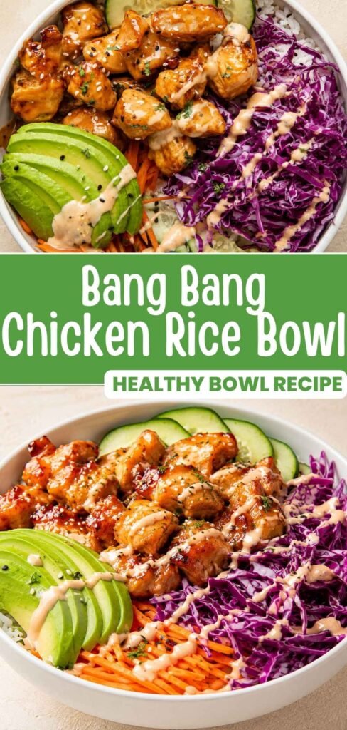 Bang bang chicken rice bowl recipe with crispy chicken and spicy sauce ready in 40 minutes