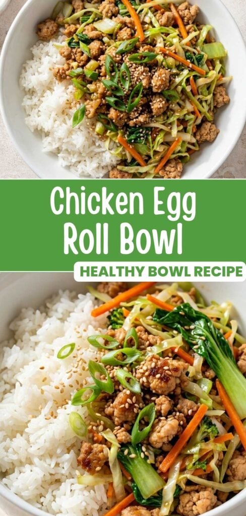 Chicken Egg Roll Bowl recipe pin with finished dish and text overlay