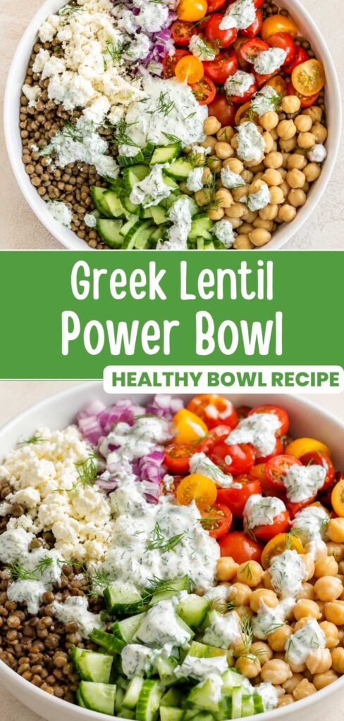 Greek Lentil Power Bowl recipe with lentils, feta, and yogurt dressing, ready in 50 minutes