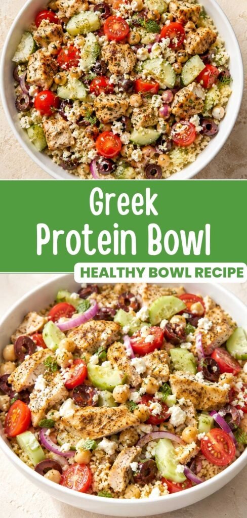 Greek protein bowl with roasted chicken, feta, and chickpeas, styled for Pinterest