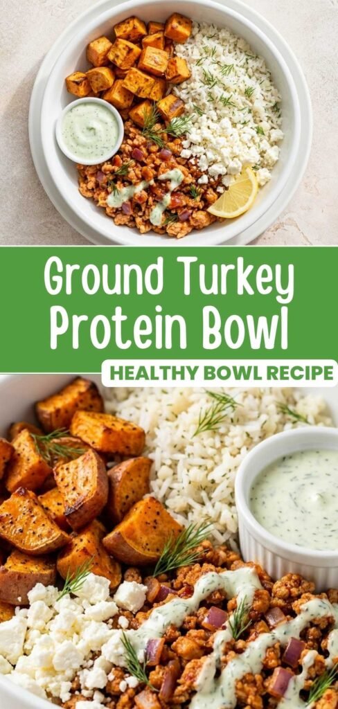 Ground turkey sweet potato protein bowl with harissa turkey, sweet potatoes, and feta yogurt sauce, Pinterest pin image