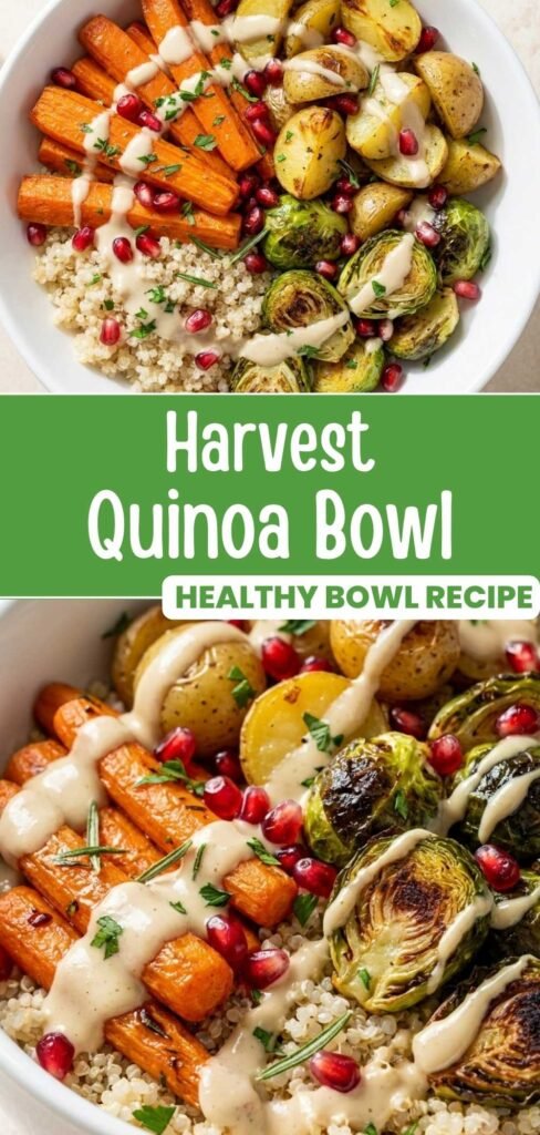 Harvest quinoa bowl with roasted vegetables and tahini dressing, pinnable recipe image