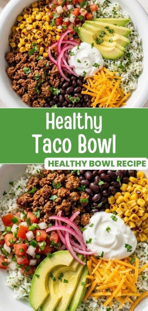 Healthy taco bowl with ground beef, cilantro lime rice, black beans, and fresh toppings in a bowl