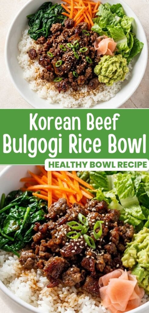 Korean beef bulgogi rice bowl recipe pin showing the finished dish in a bowl