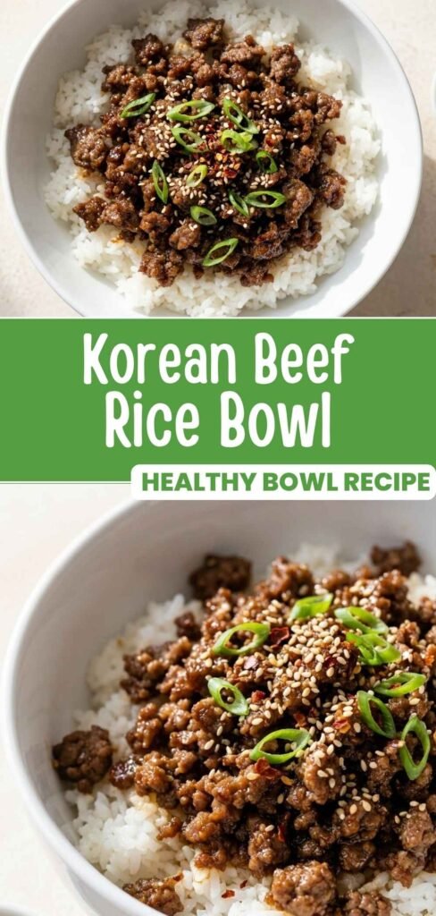 Korean beef rice bowl in a bowl with rice, glazed beef, and green onions, Pinterest pin image