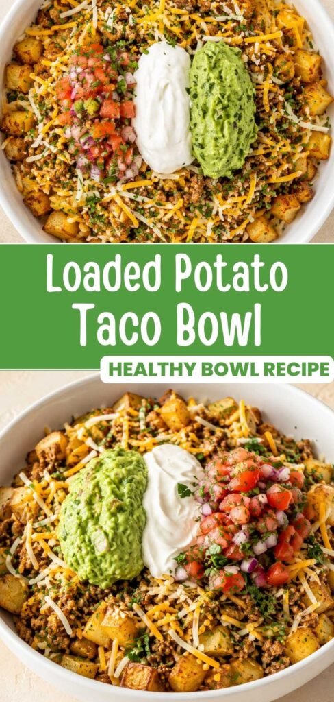 Loaded potato taco bowl with crispy potatoes, taco meat, cheese, pico de gallo, guacamole, and sour cream