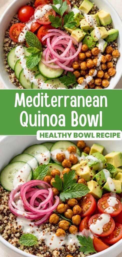 Mediterranean quinoa bowl with smoky chickpeas, avocado, and garlic yogurt sauce, Pinterest pin image