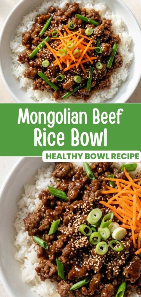 Mongolian Beef Rice Bowl with saucy ground beef, rice, and toppings, ready in 15 minutes