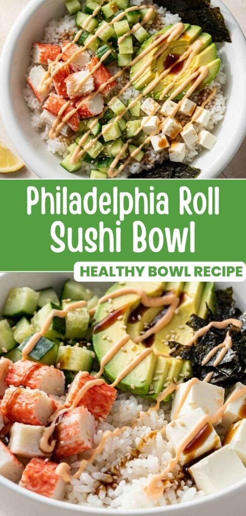 Philadelphia roll sushi bowl with crab, avocado, and cream cheese over rice, Pinterest Pin