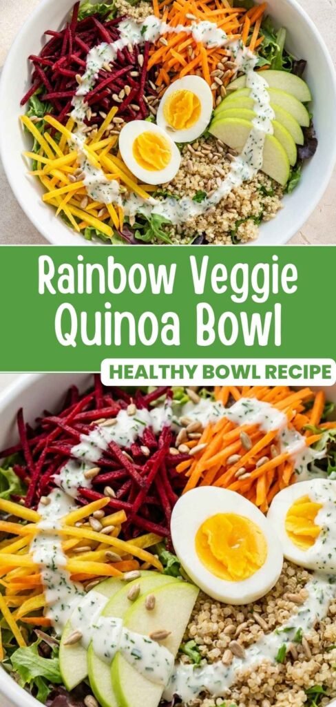 Rainbow veggie quinoa bowl with beets, carrots, apple, and yogurt-herb dressing, ready in 30 minutes