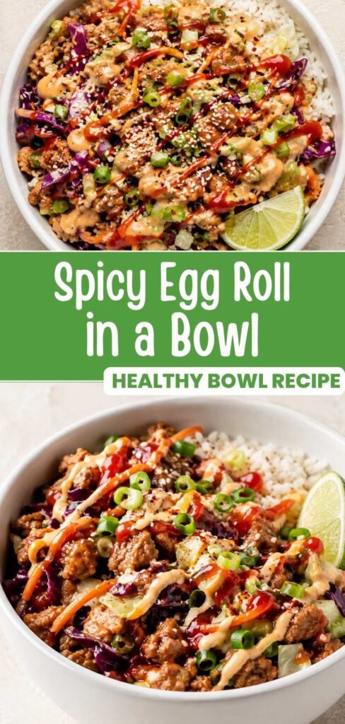 Spicy egg roll in a bowl in a white bowl with sriracha mayo drizzled on top, ready in 20 minutes