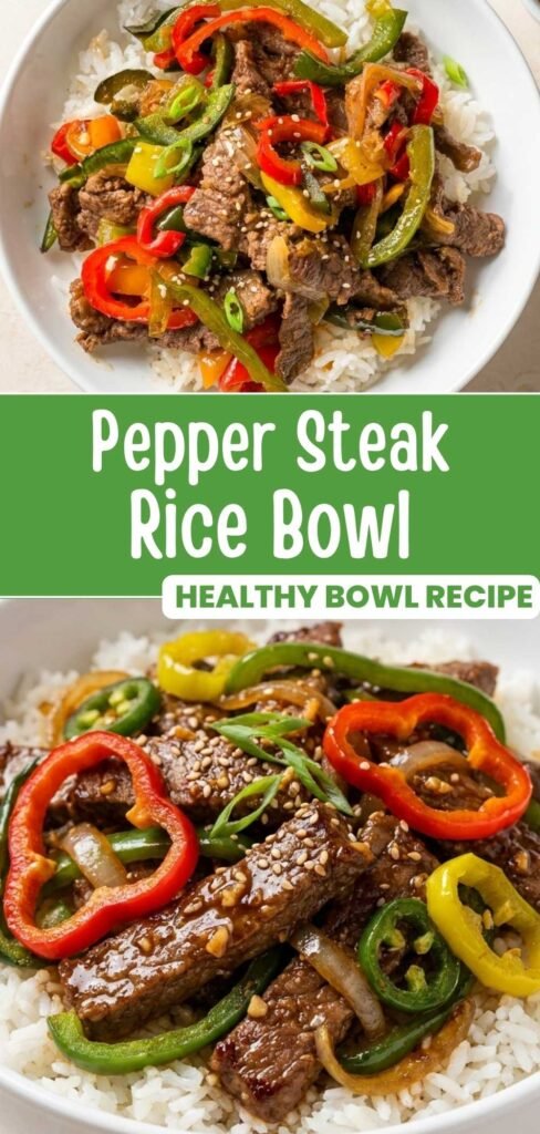 Spicy pepper steak rice bowl with beef and peppers over rice, Pinterest pin