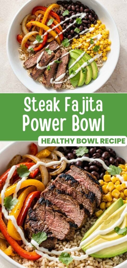 Steak fajita power bowl with skirt steak, peppers, avocado, and rice, ready in 45 minutes