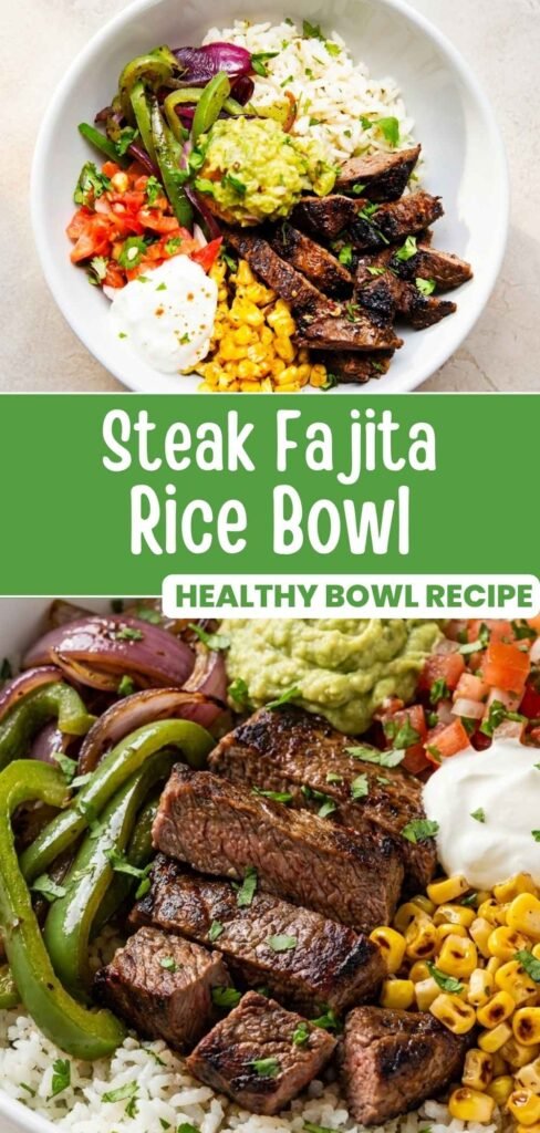 Steak fajita rice bowl with garlic lime rice, sliced steak, and fresh toppings in a bowl