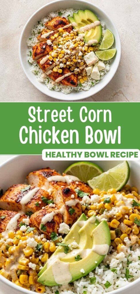 Street Corn Chicken Bowl with chicken, charred corn, avocado, and tajín-lime sauce over rice, ready in 25 minutes