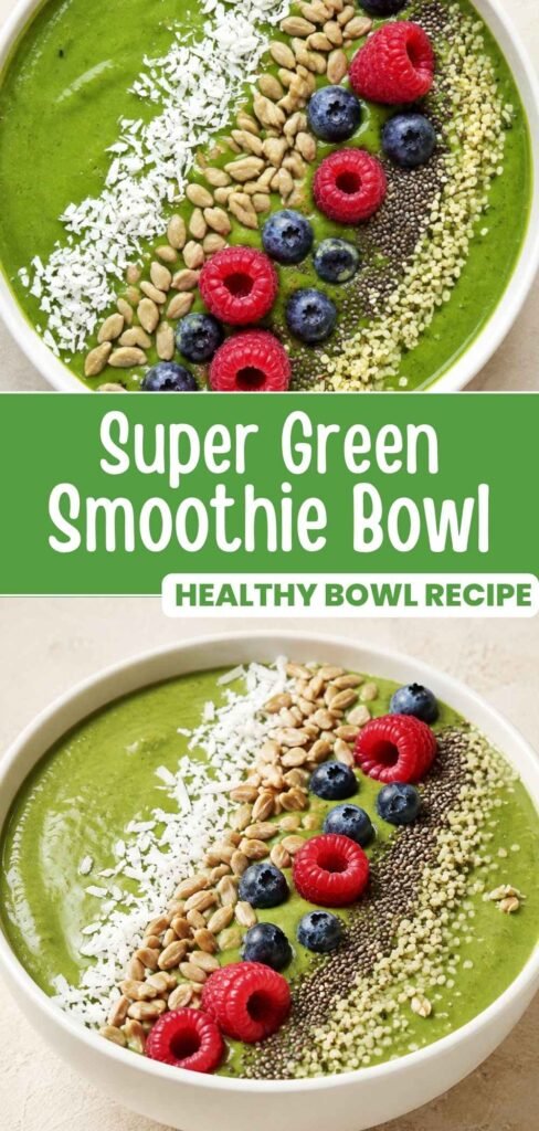 Green smoothie bowl with berries, granola, and coconut, ready in 10 minutes