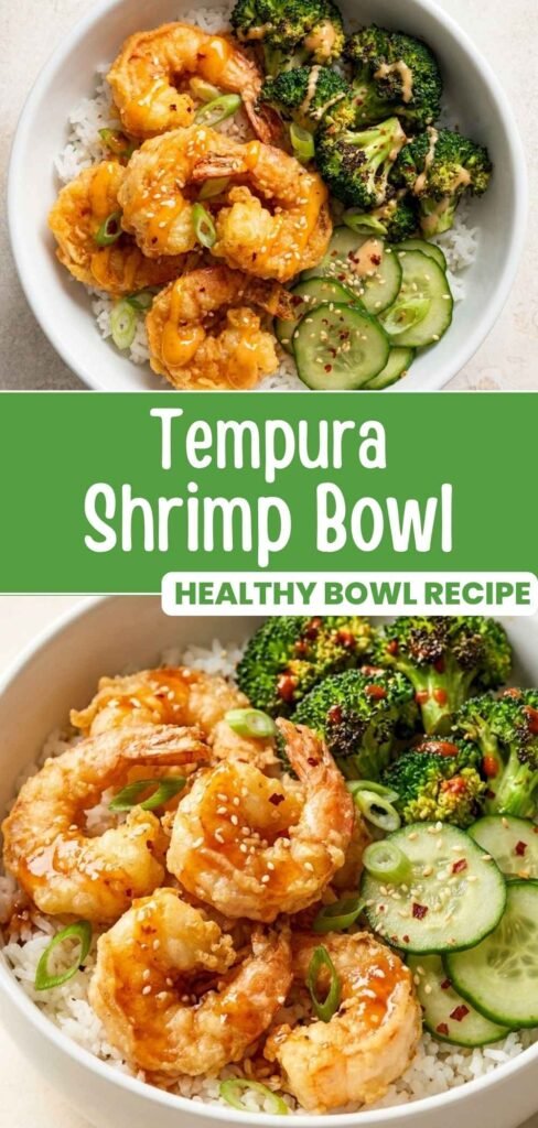 Shrimp tempura bowl with sesame broccoli and quick pickles, styled for Pinterest
