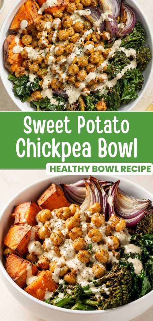 Sweet potato chickpea buddha bowl with maple tahini sauce, ready in 30 minutes