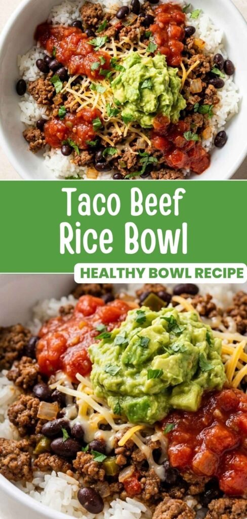 Taco beef rice bowl recipe pin with chipotle beef, rice, and toppings