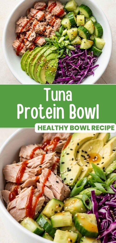 Pinterest pin image of a high-protein tuna bowl with avocado and red cabbage