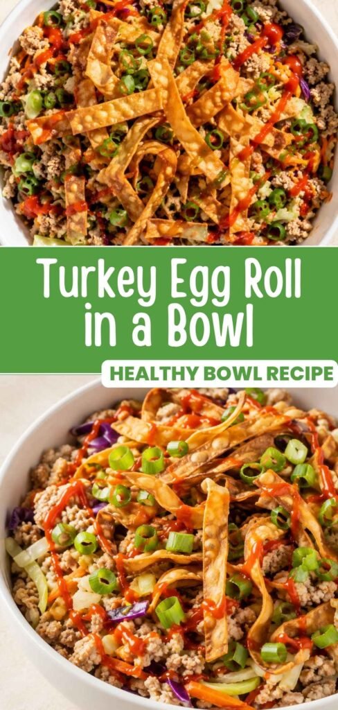 Turkey egg roll bowl recipe pin with finished bowl and text overlay