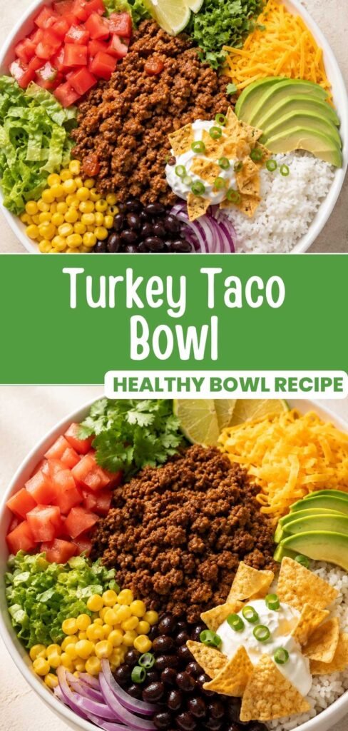 Turkey taco bowl with rice, black beans, corn, and toppings, ready in 35 minutes