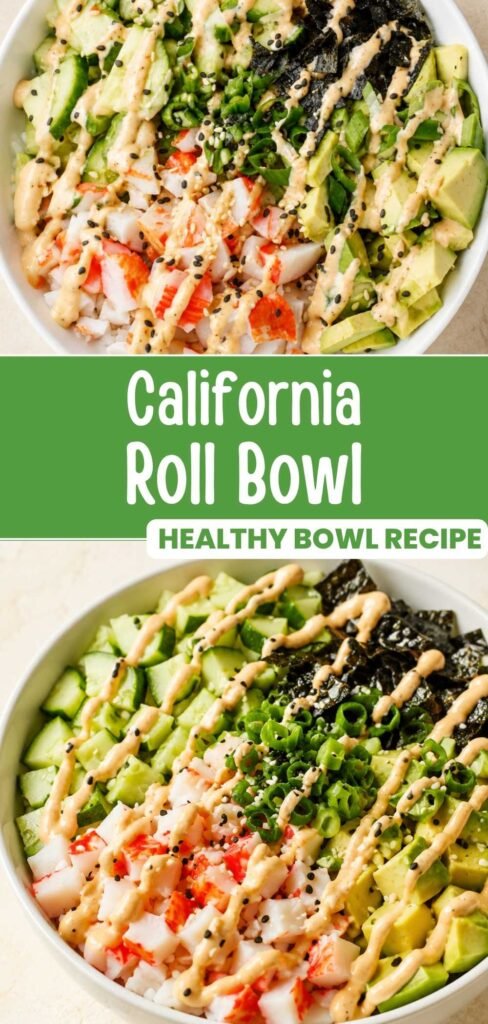 California roll bowl with crab, avocado, and spicy mayo, text overlay reading Easy Sushi Bowl in 45 Minutes