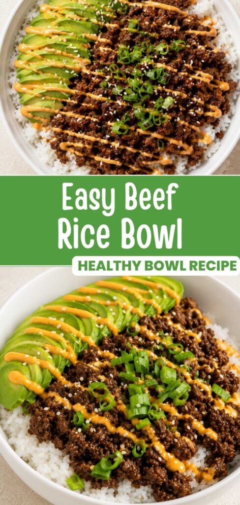 Ground beef rice bowl with sriracha mayo and sesame seeds, easy 20-minute recipe