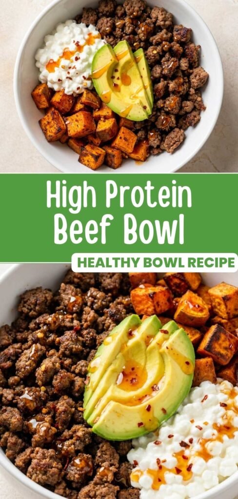 High protein beef bowl with sweet potatoes and hot honey, pin for Pinterest