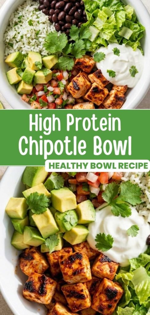Chipotle chicken burrito bowl with rice, beans, and corn salsa, styled for Pinterest