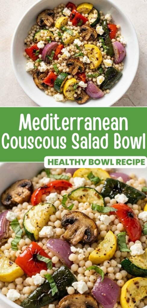 Mediterranean couscous bowl with grilled vegetables and feta dressing, ready in 45 minutes
